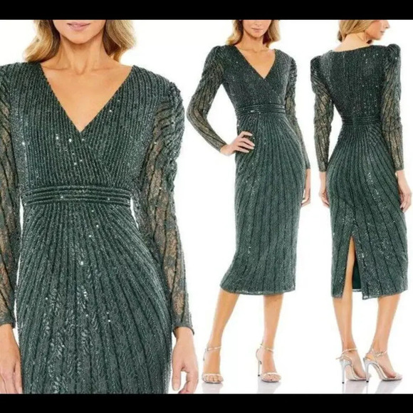 Mac Duggal Long Sleeve Beaded Lace Sequin Green Midi Cocktail Dress Sz 4 NWT - Picture 2 of 16
